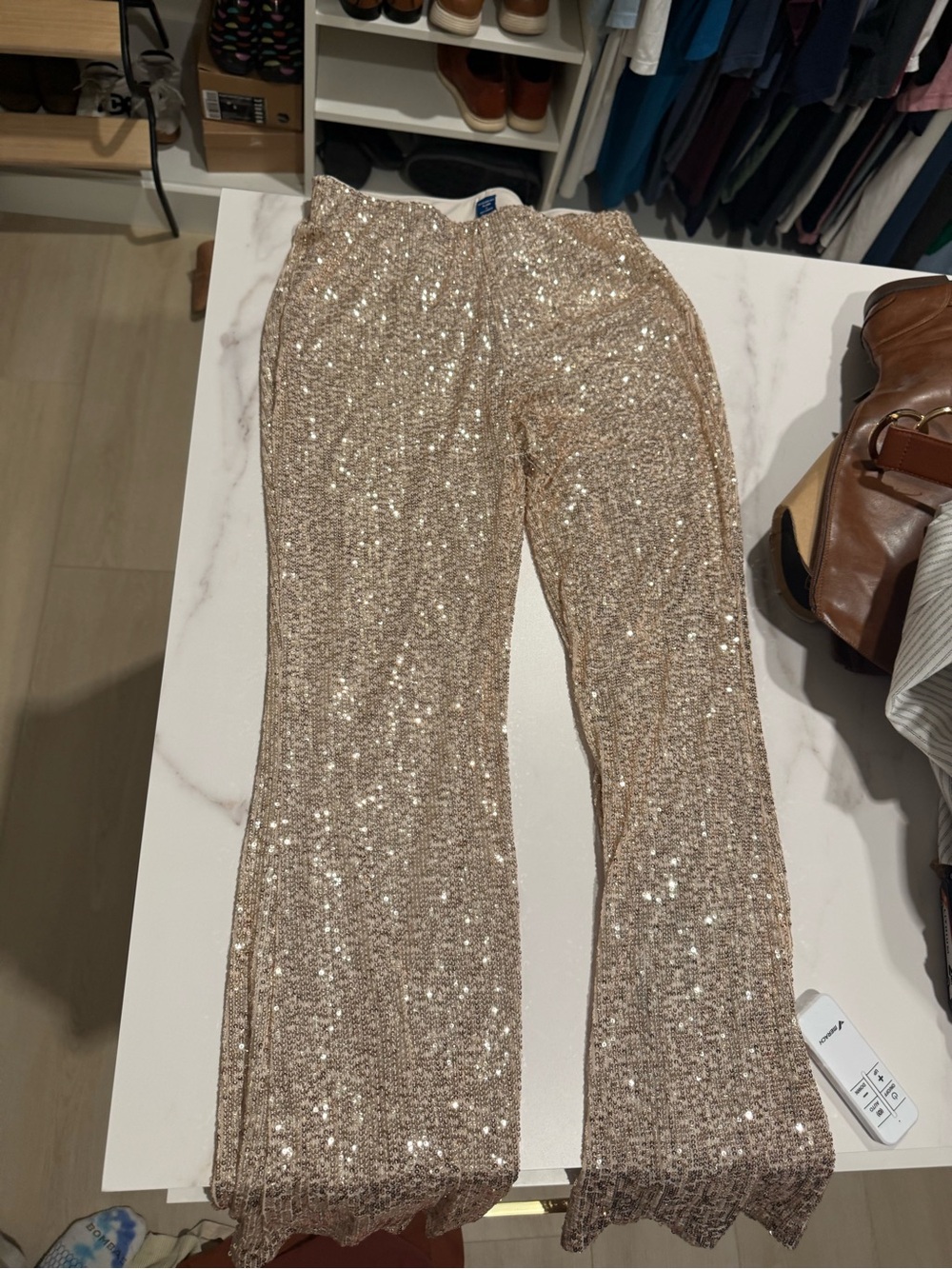 LOFT Champagne Sequin Boot-Cut Pants